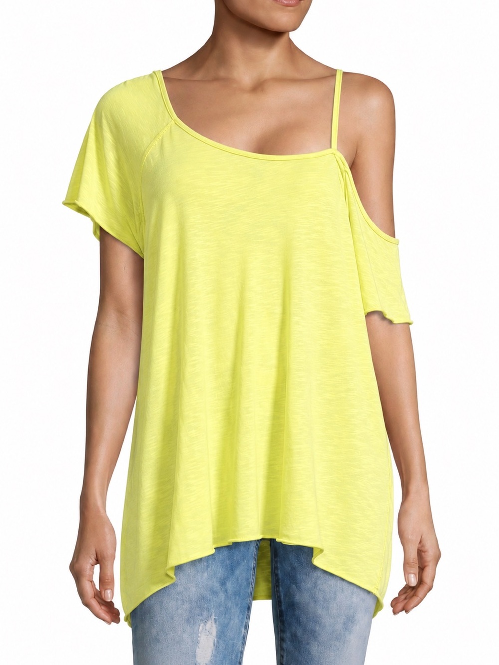 Free People We The Free Neon Yellow Cold Shoulder Top XS Lagenlook Boho Tee